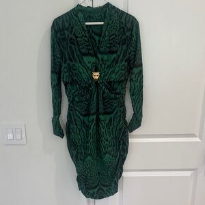 Roberto Cavalli Green Animal Print Long Sleeve Dress